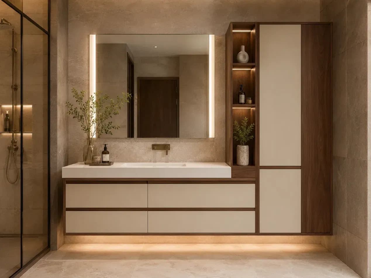 Bath vanity with walnut and cream cabinetry and backlit mirror